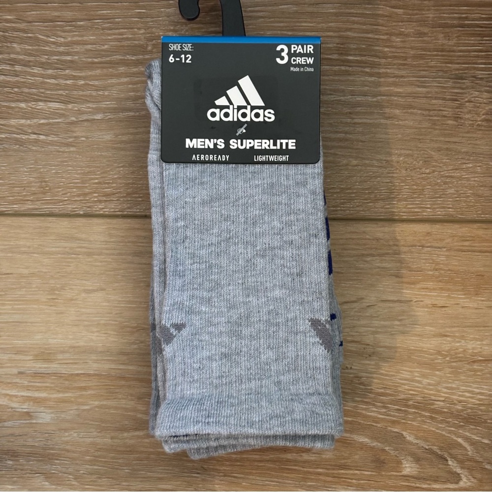 Adidas Men’s‎ Superlite 3 Pair Crew Socks Lightweight Grey Royal Blue NEW